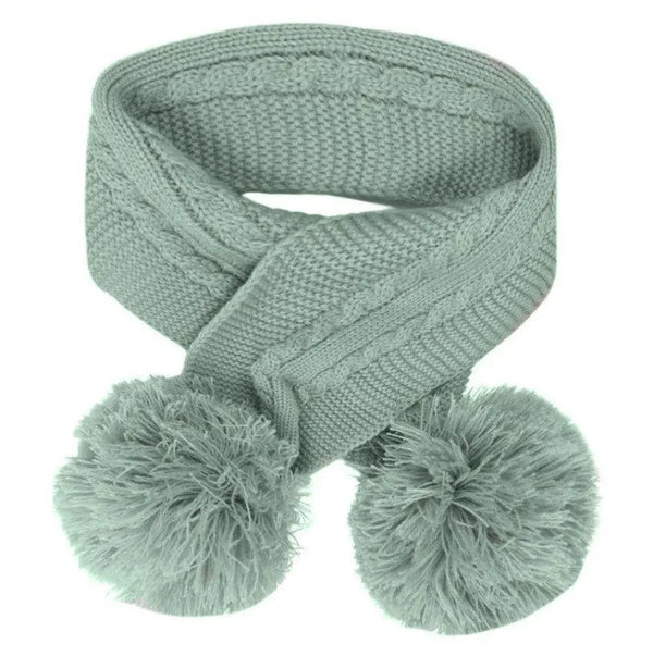 Sage Green Elegance Cable Knit Scarf With Pom Poms (0-24 Months)