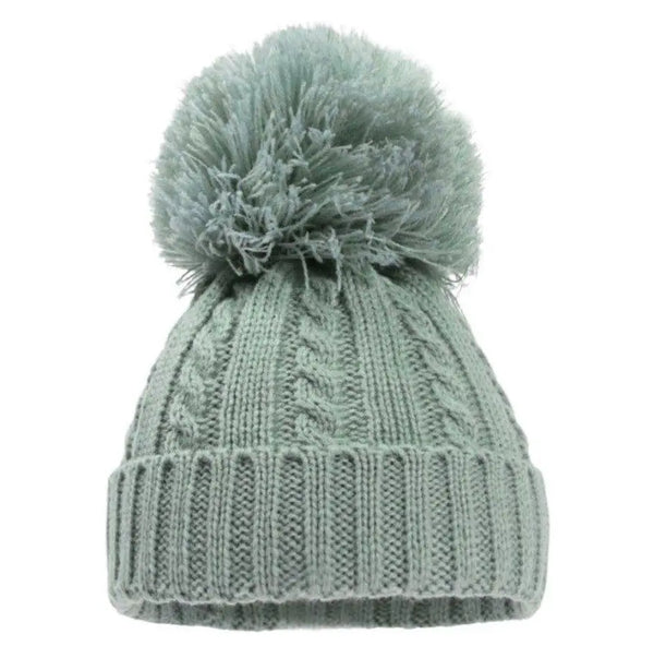 Sage Green Elegance Cable Knit Pom Pom Hat (0-12 Months)
