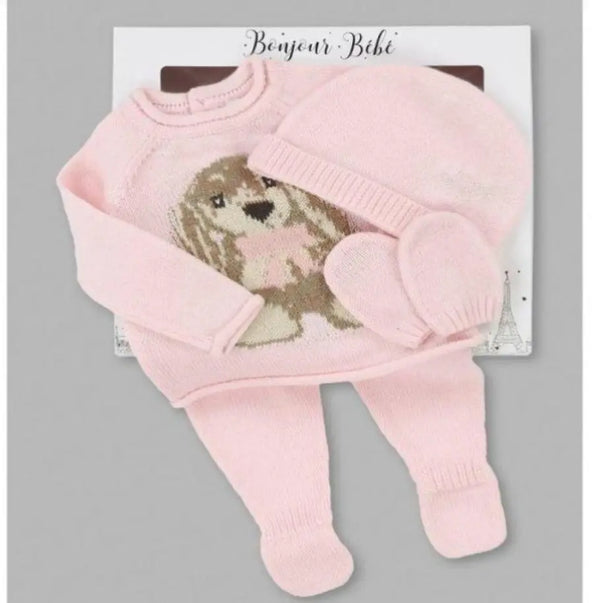 Pink Rabbit With Pom Pom Knitted Set (0-6 Months)