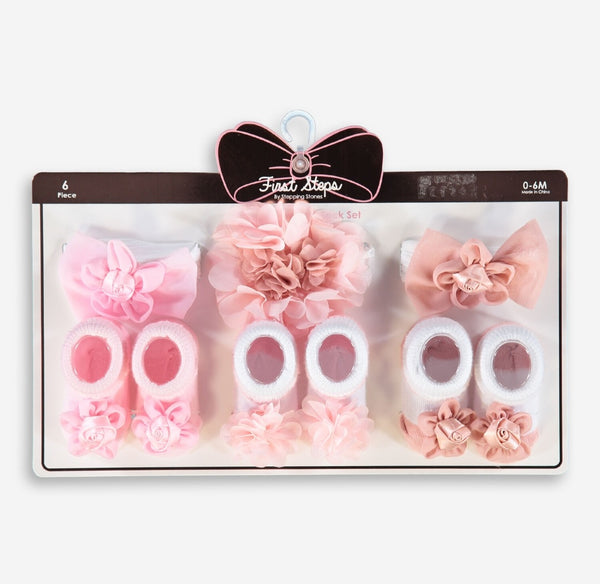 Six Pack Pink Tone Floral Headwrap and Sock Set