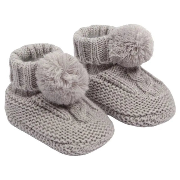 Grey Cable Pom Pom Booties (0-12 Months)