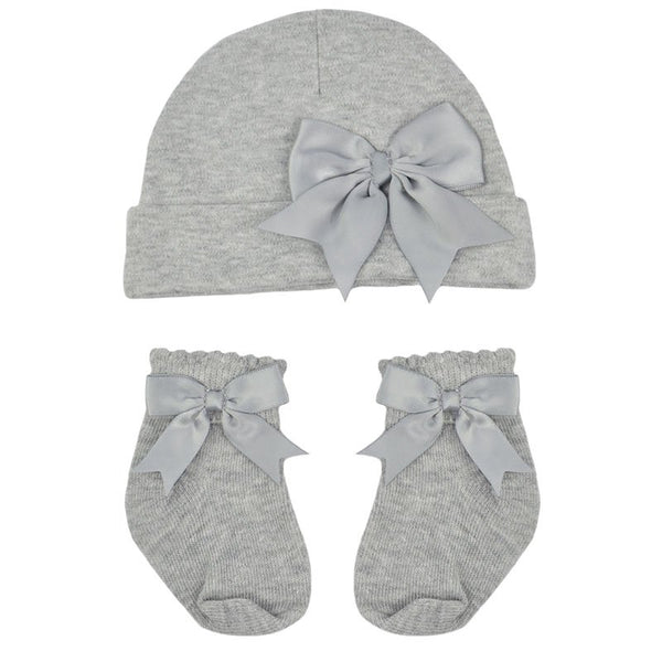 Grey Hat and Sock Set With Bow  (0-6 Months)