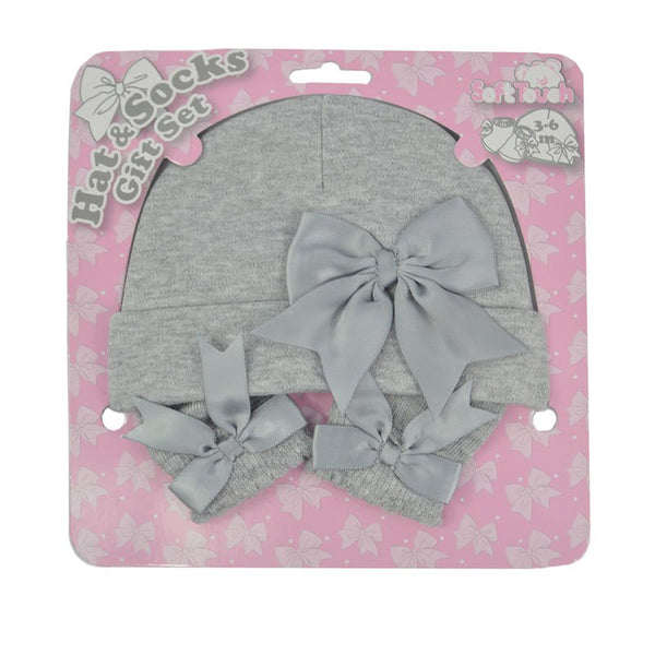 Grey Hat and Sock Set With Bow  (0-6 Months)