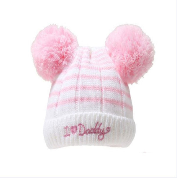 Pink Double I ♥ Daddy Pom Pom Striped Hat (0-6 Months)