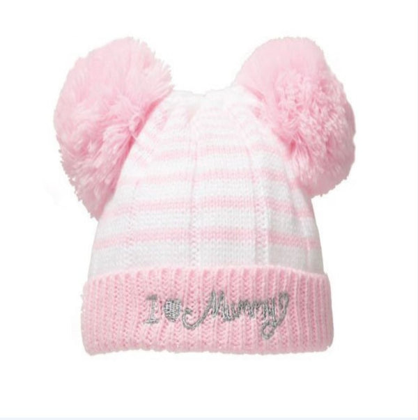 I ♥ Mummy Pom Pom Striped Hat (NB-6 Months)