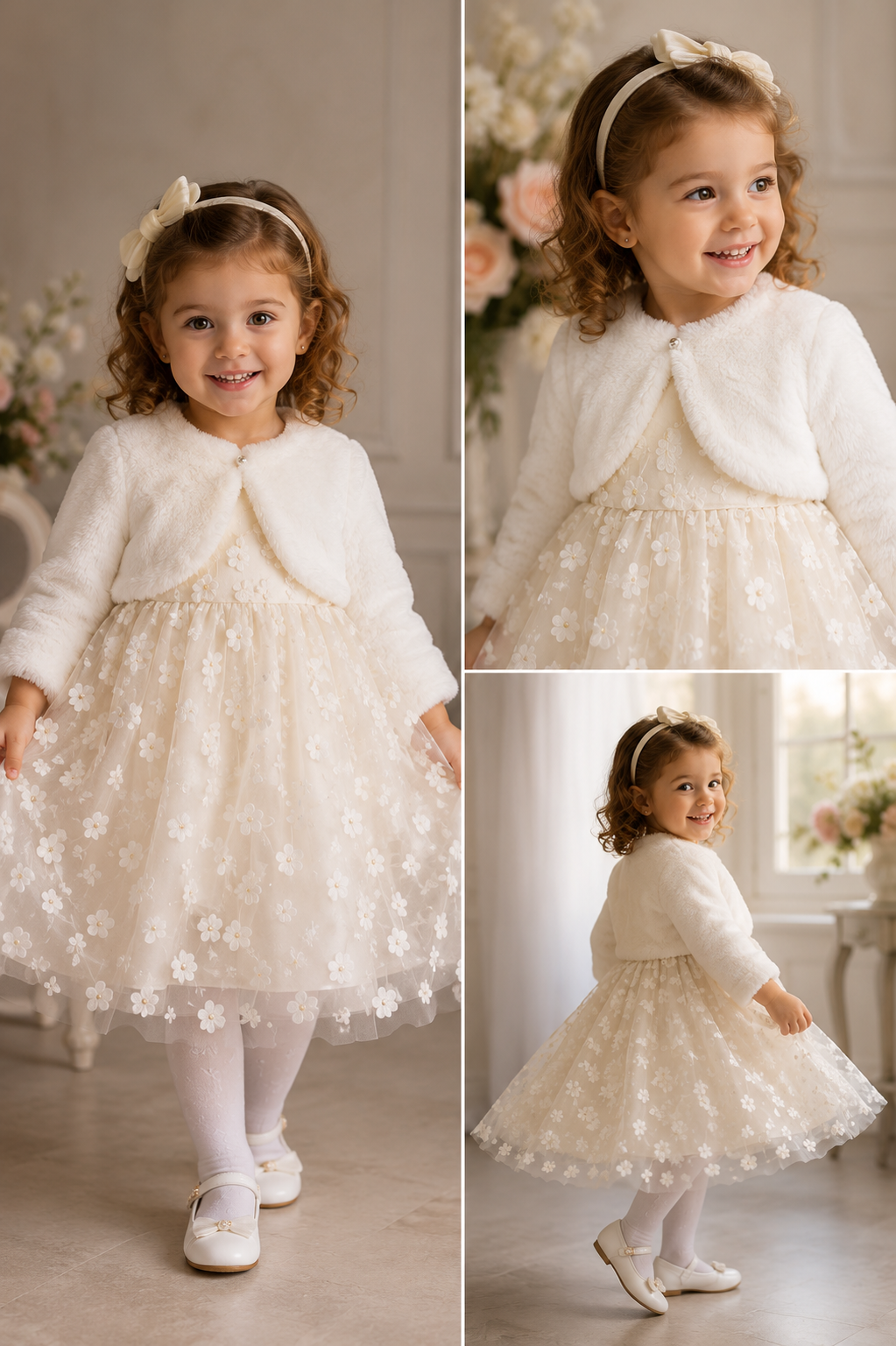 Ivory Floral Occasion Dress & Faux Fur Bolero 