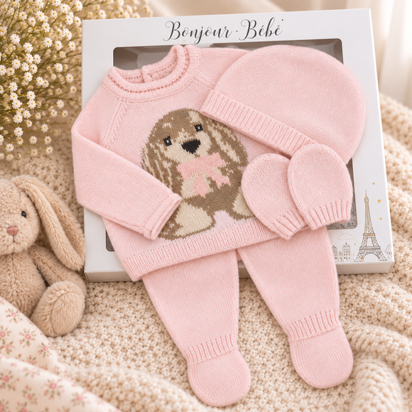 Pink Rabbit With Pom Pom  Knitted  Set  (0-6 Months) 