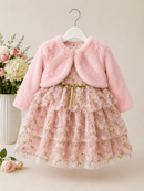 Pink Glitter Floral Party Dress & Cardigan 