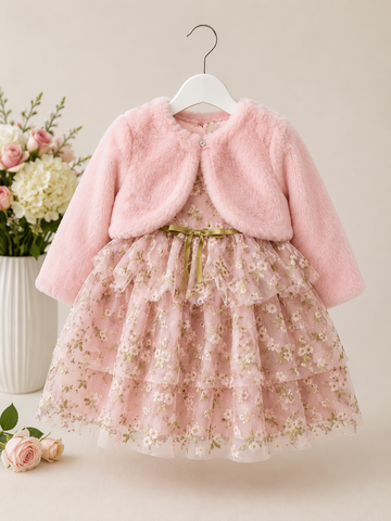 Pink Glitter Floral Party Dress & Cardigan 