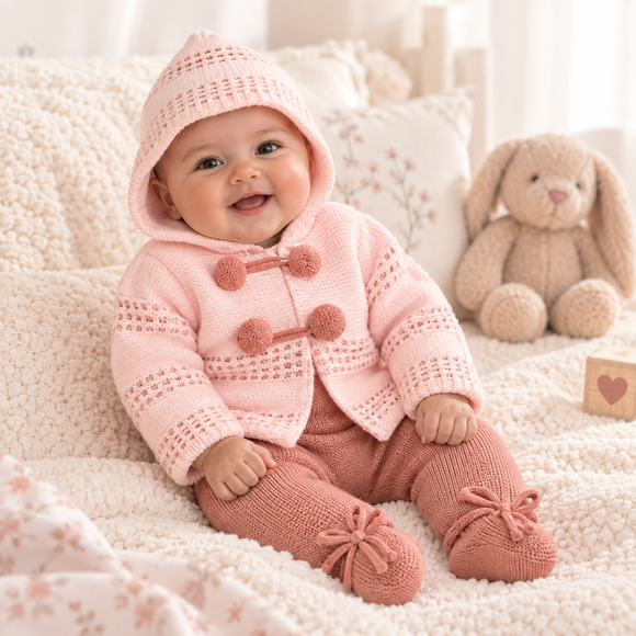Pink Pom Pom Hooded Two Piece Set (0-9 Months) 