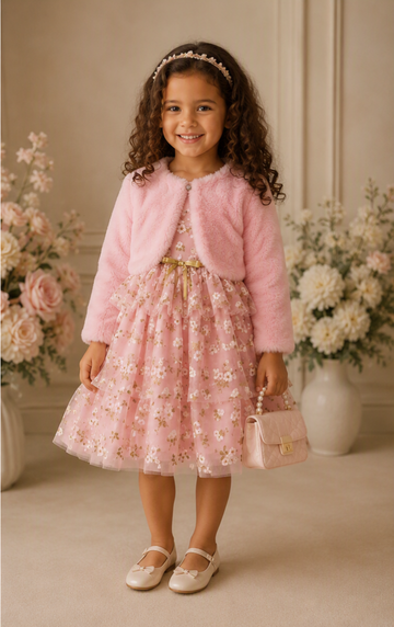 Pink Glitter Floral Party Dress & Cardigan 