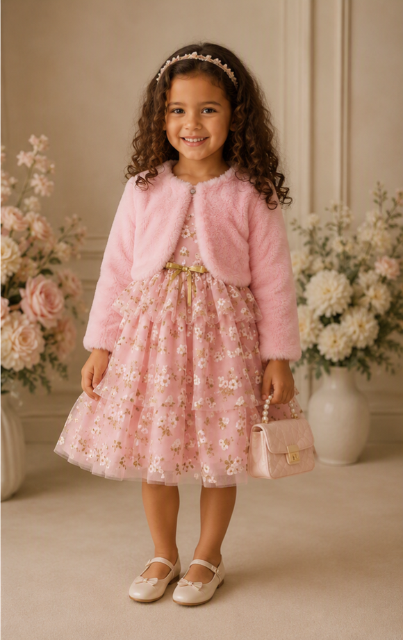 Pink Glitter Floral Party Dress & Cardigan 