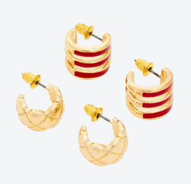 Two-Pack Gold-Plated Burgundy Crescent Hoop Earrings 