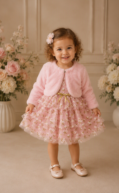 Pink Glitter Floral Party Dress & Cardigan 