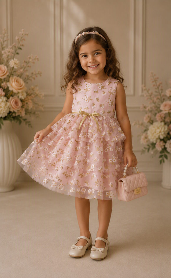 Pink Glitter Floral Party Dress & Cardigan 