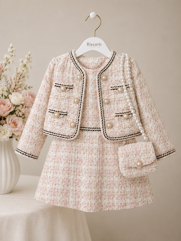 Blush Tweed Dress, Jacket & Handbag Set 