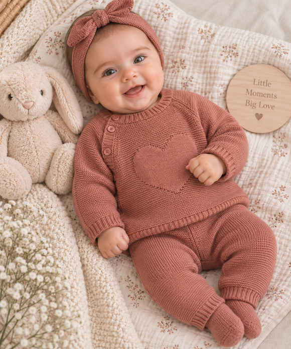 Beautiful Baby Girls Heart Knitted 2 Piece Outfit (0-9 Months) 