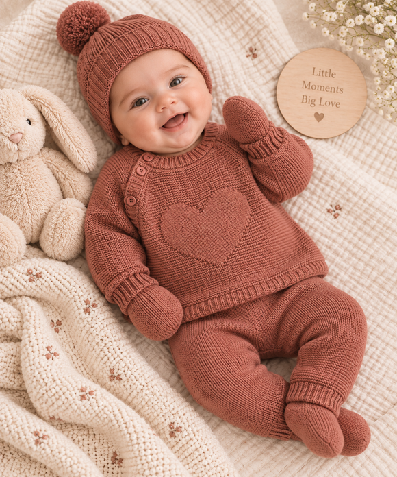 Beautiful Baby Girls Heart Knitted 2 Piece Outfit (0-9 Months) 