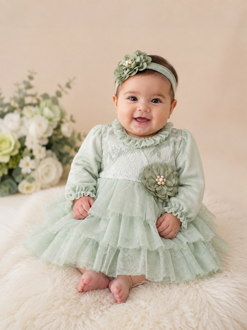 Mini Born Two Green Floral Glitter Dress (NB-6 Months) 
