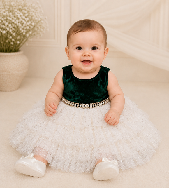 Green Velvet Tulle Tiered Party Dress 