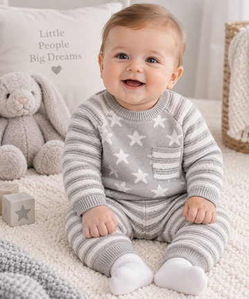 Grey Baby Unisex Stars Knitted 2 Piece Outfit (0-12 Months) 