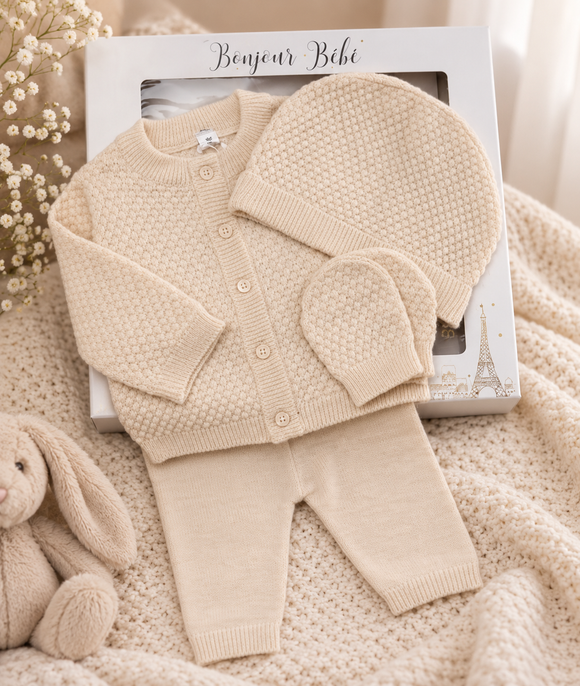 Oatmeal Unisex Knitted Outfit In A Gift Box 