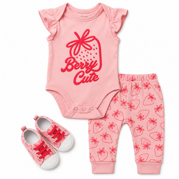 Pink Baby 3 Piece Berry Cute Set with Matching Shoe (0-9 Months) 