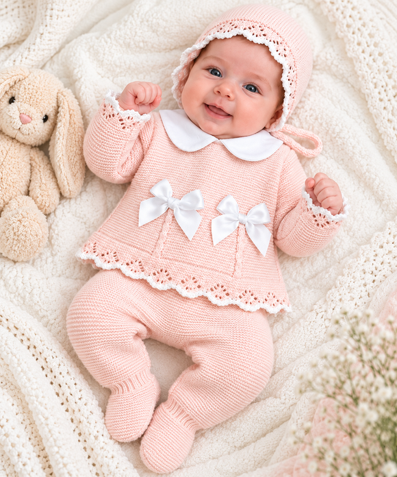 Baby Girls Pink Bow Detail Knitted 3-Piece Set (Newborn) 