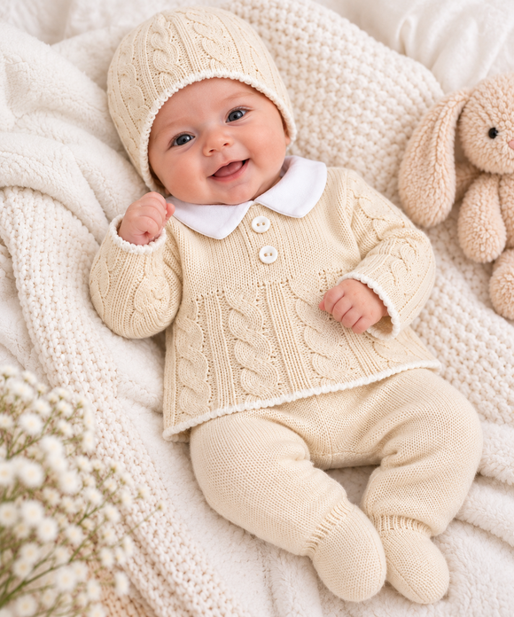 Unisex Beige Cable Knit 3-Piece Baby Outfit Set (NewBorn) 