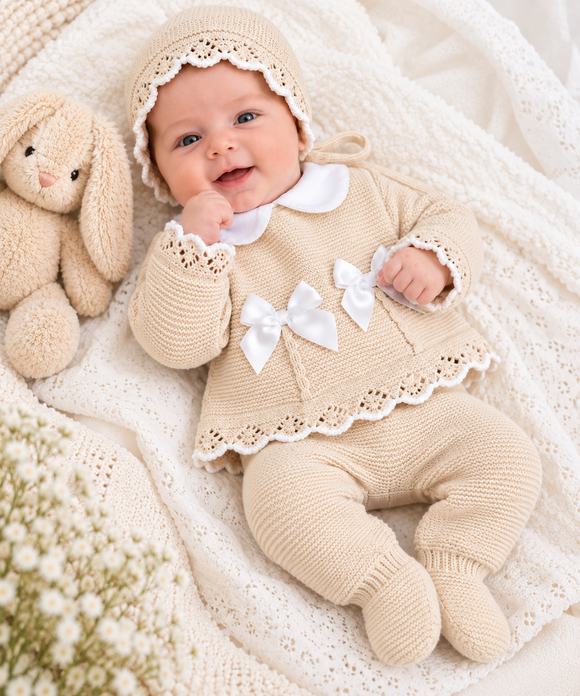 Baby Beige Knitted 3-Piece Outfit Set (Newborn) 
