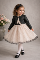 Cream Polka Dot Mesh Dress & Black Cardigan Set 