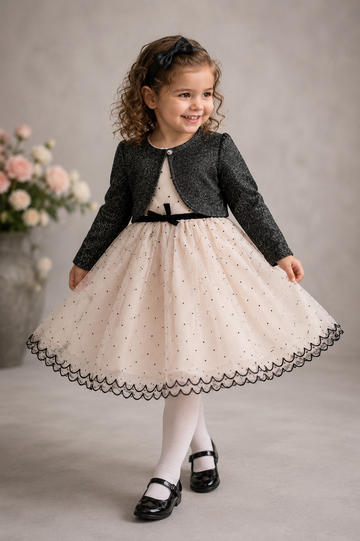 Cream Polka Dot Mesh Dress & Black Cardigan Set 