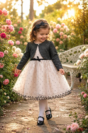 Cream Polka Dot Mesh Dress & Black Cardigan Set 