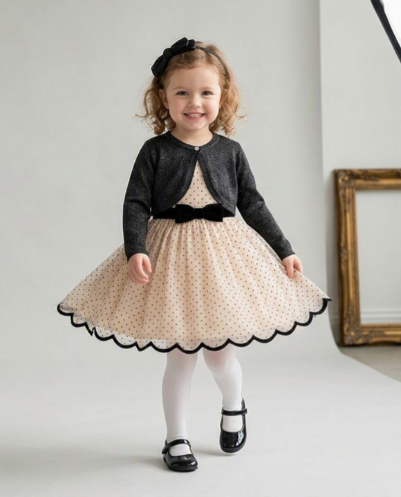 Cream Polka Dot Mesh Dress & Black Cardigan Set 