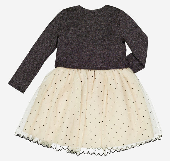 Cream Polka Dot Mesh Dress & Black Cardigan Set 
