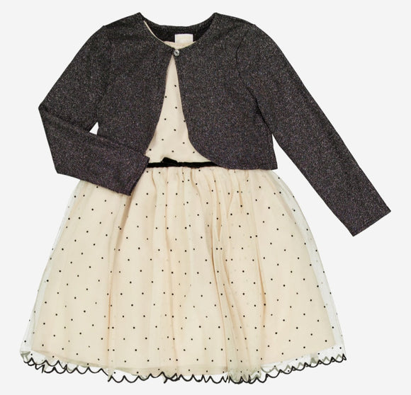 Cream Polka Dot Mesh Dress & Black Cardigan Set 
