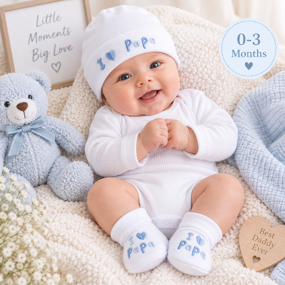 Blue I ♥ Papa Hat and Bootee set (NB-3 Months) 