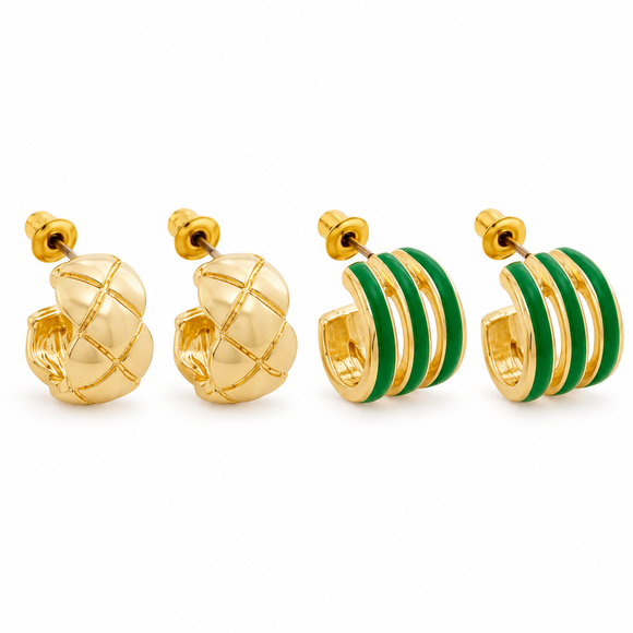 Gold Plated & Green Earrings – Pack of Two 