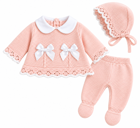 Baby Girls Pink Bow Detail Knitted 3-Piece Set (Newborn) 