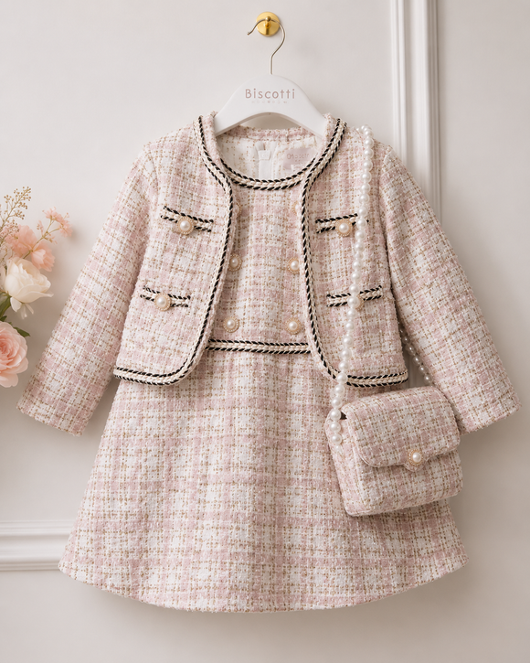 Girls Blush Pink Tweed Dress, Jacket & Handbag Set 