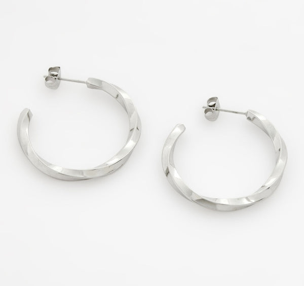 Silver Tone Stainless Steel Twisted Hoop 