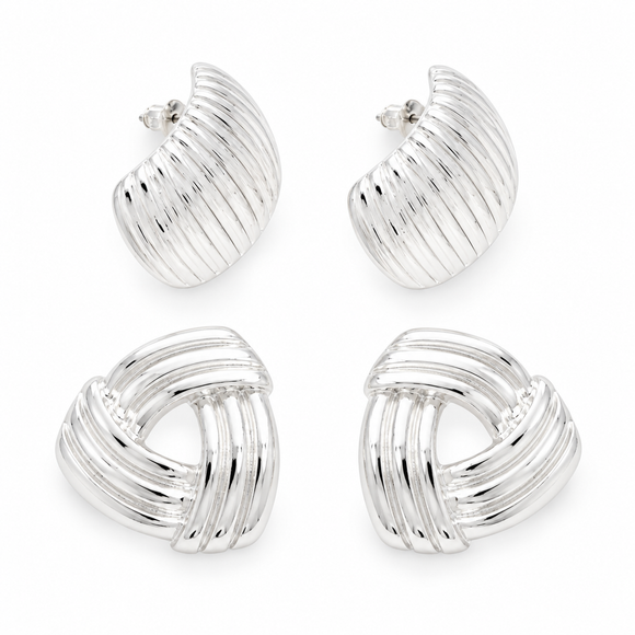Sophisticated Silver Tone Ribbed Drop Earrings – Two Pack 