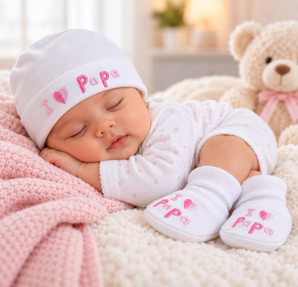 White/Pink I ♥ Papa Hat and Booties Set (NB-3 Months) 