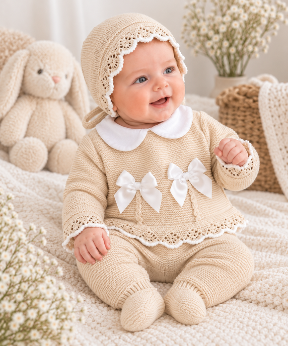 Baby Beige Knitted 3-Piece Outfit Set (Newborn) 