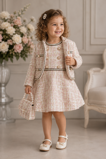 Blush Tweed Dress, Jacket & Handbag Set 