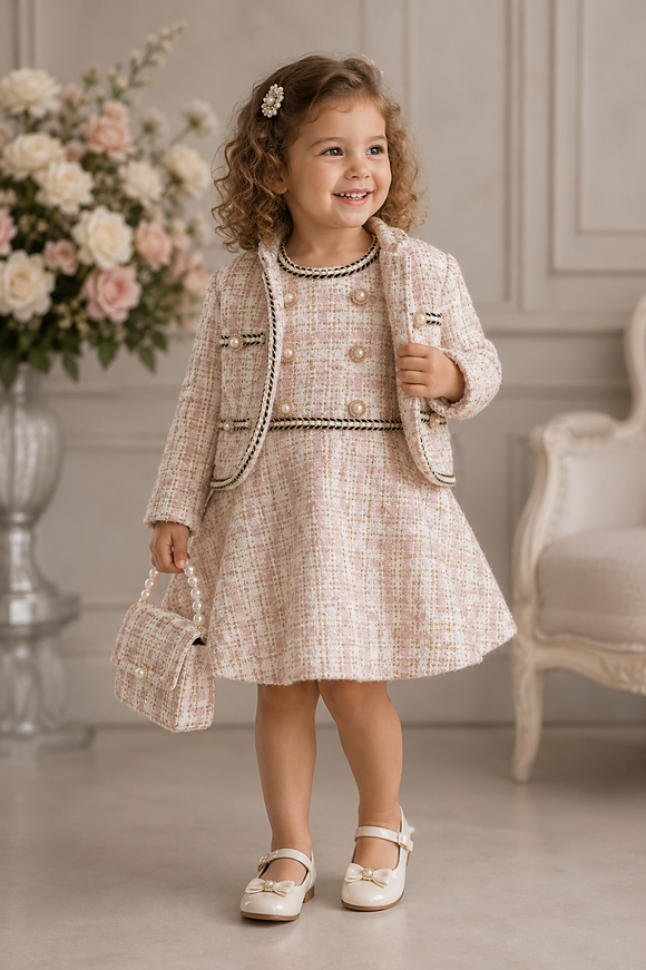 Blush Tweed Dress, Jacket & Handbag Set 