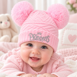 Pink Double Pom Pom and Princess Embroidery  (0-6 Months) 