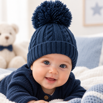 Navy  Elegance  Cable Knit Pom Hat  (0-12 Months) 