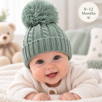 Sage Green Elegance Cable Knit Pom Pom Hat  (0-12 Months) 