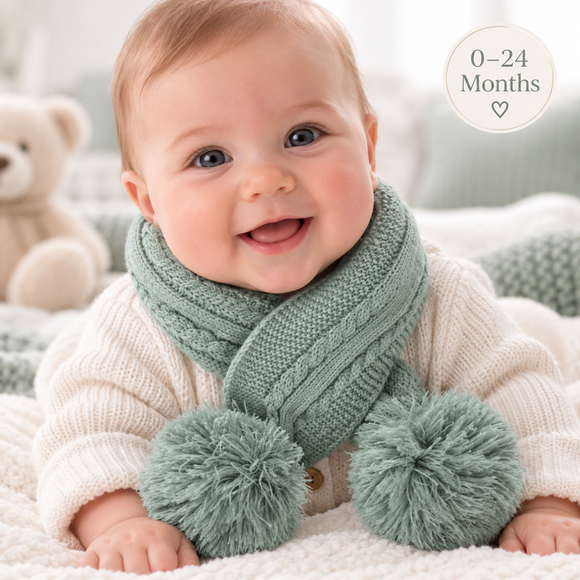Sage Green Elegance Cable Knit Scarf With Pom Poms  (0-24 Months) 